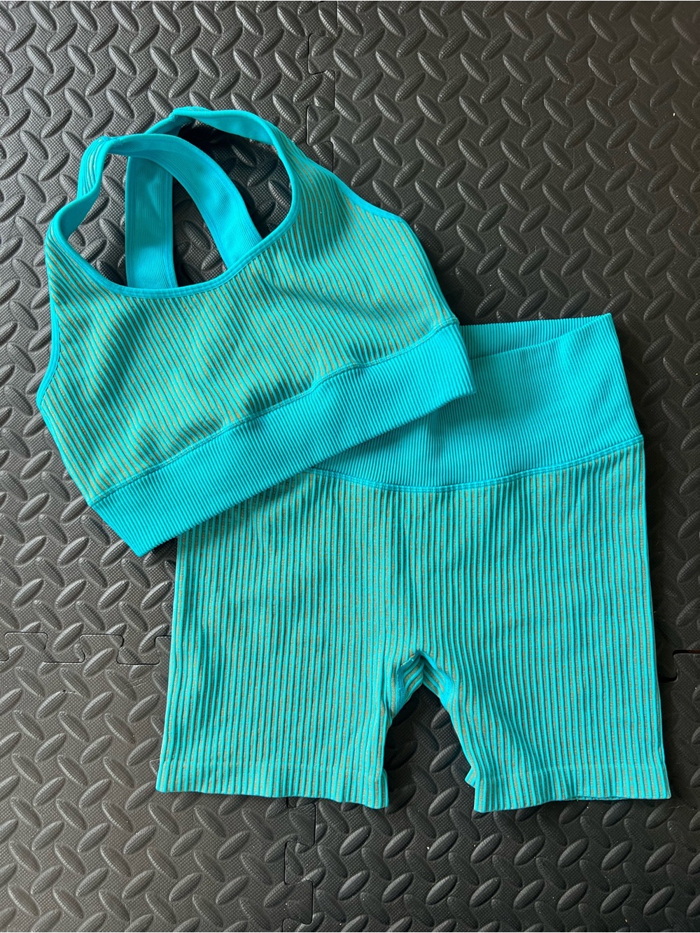 JoyLab Teal and Gray Ribbed Active Workout Short & Sports Bra Set Sz M Yoga Gym